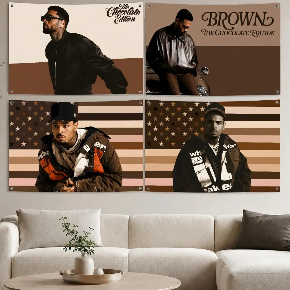 American Singer C-Chris-Brown Brown Flags Aesthetic Wall Tapestry Printed Wall Hanging Living Room Party Outdoor Decor
