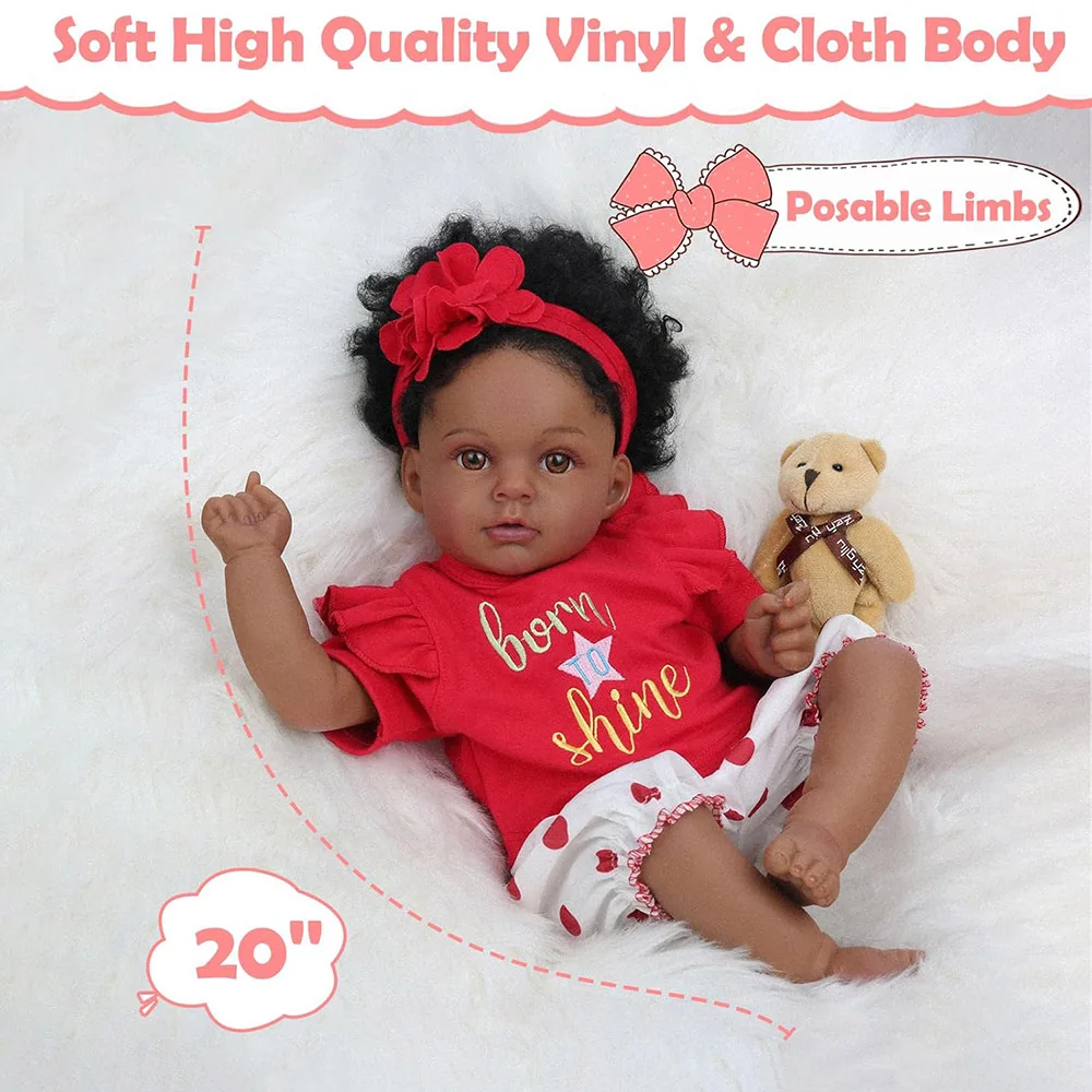 50 cm babypop zoals echt herboren zwart meisje realistisch geschilderde baby's siliconen vinyl Afro-Amerikaanse zachte doek lichaam geworteld haar