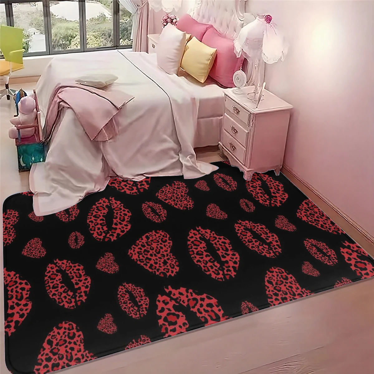 1Pc Black Background Red Leopard Print Lip Print Floor Mat, Atmospheric Bedroom and Dressing Room Decorative Mat