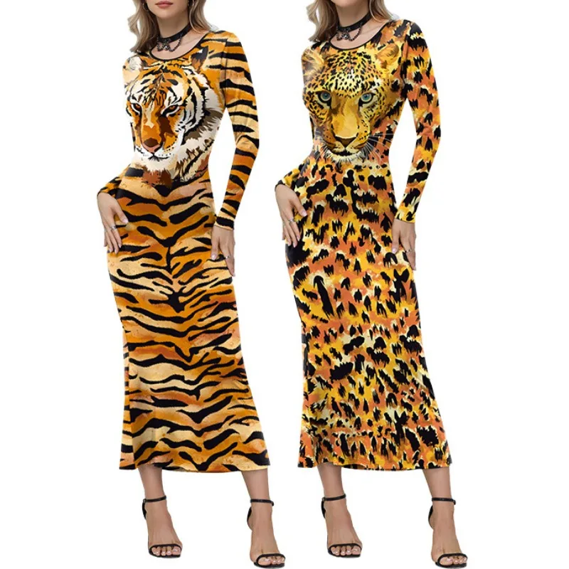 Vestido de manga larga con estampado de leopardo para mujer, disfraz de Halloween, Purim, Carnaval