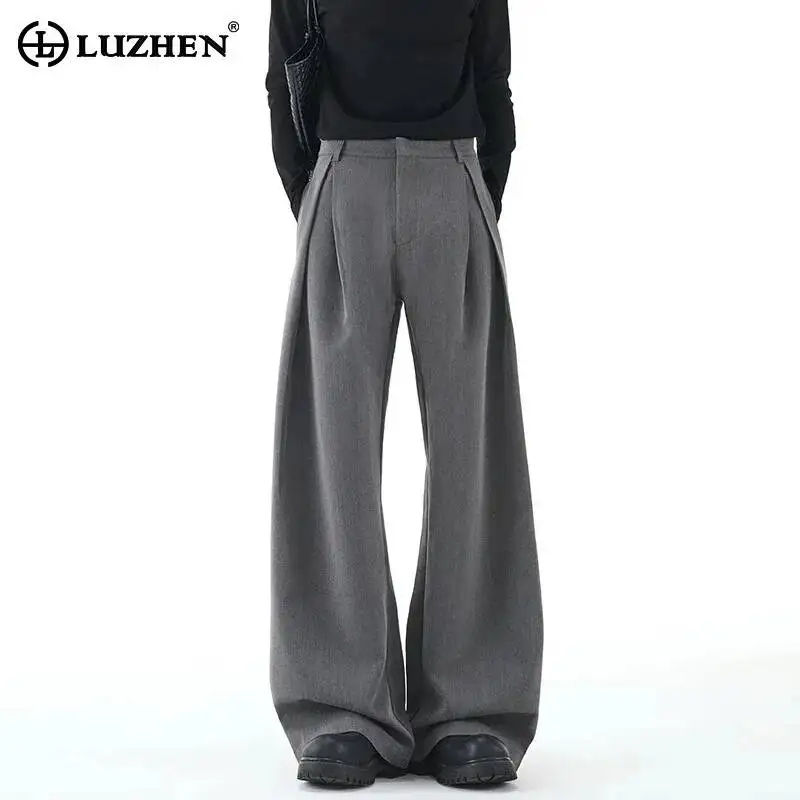 LUZHEN 2026 New Pleated Patchwork Design Solid Color Wide Leg Casual Pants Men's Fashion Elegant Handsome Male Trousers JY7939