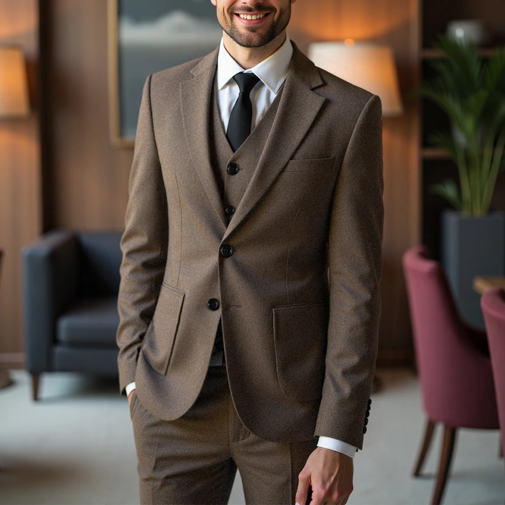 

Men's Suits Tweed Slim Fit Brown Tan Homespun Tuxedos Groom Wedding Vintage 3 Pieces Can Be Customized （Blazer+vest+Pants)