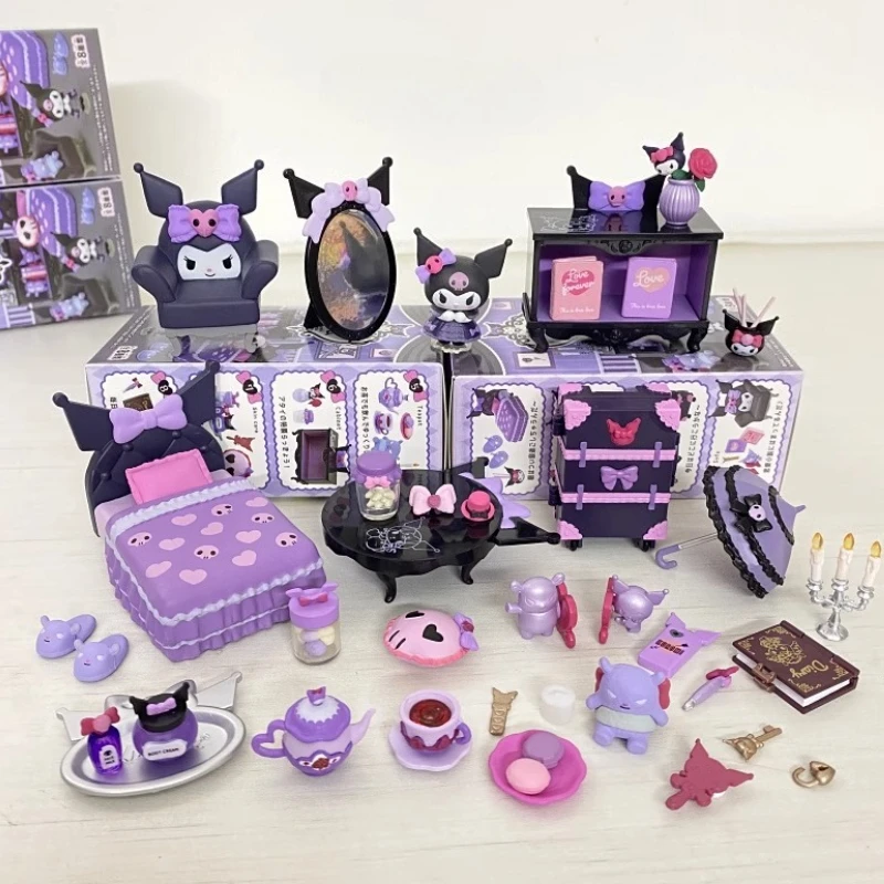 

Sanrio Kuromi, готическая комната, миниатюрная сцена, туалетный столик, стул, шкаф, сундук, игрушки, загадочная слепая коробка, коллекция, подарок-сюрприз для детей
