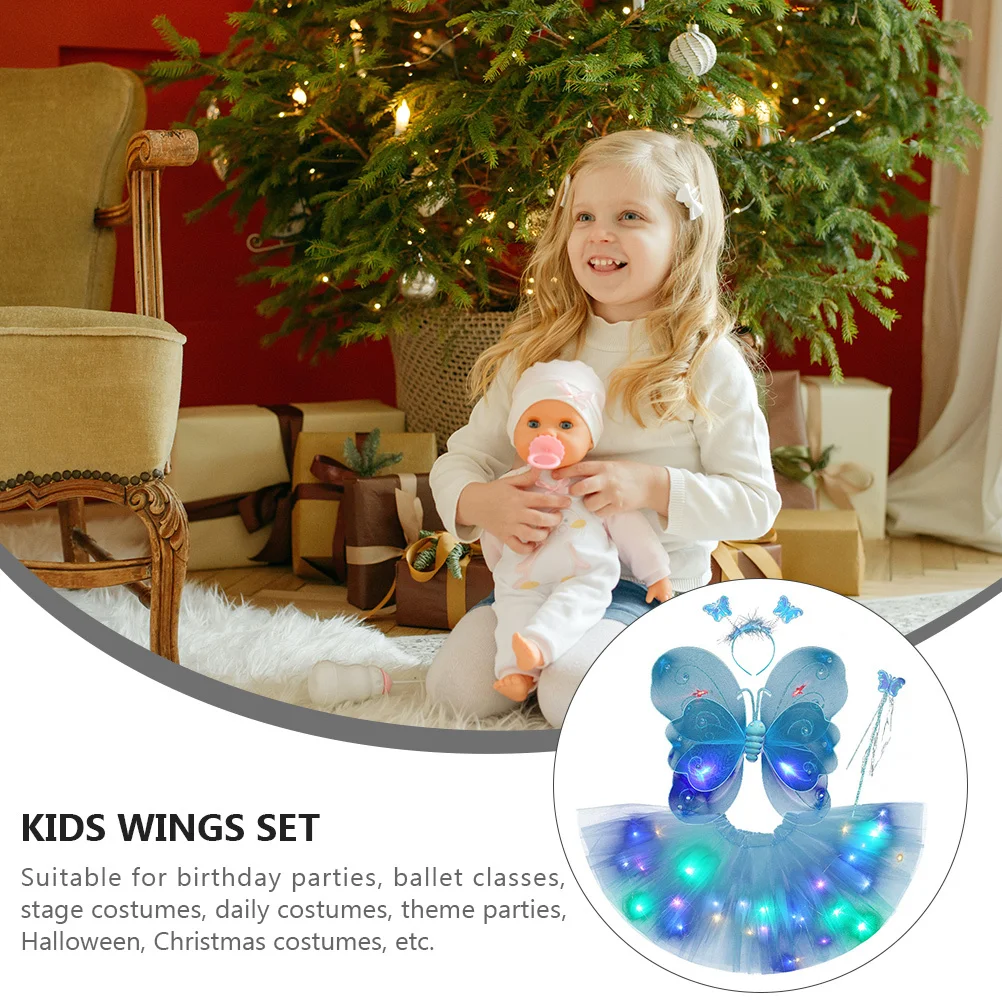 Zestaw: Świecące Skrzydła, Spódnica, Laska Wróżki, Sukienka z Siateczki - Kostium na Urodziny, Boże Narodzenie, Halloween, Imprezę, Występ Sceniczny