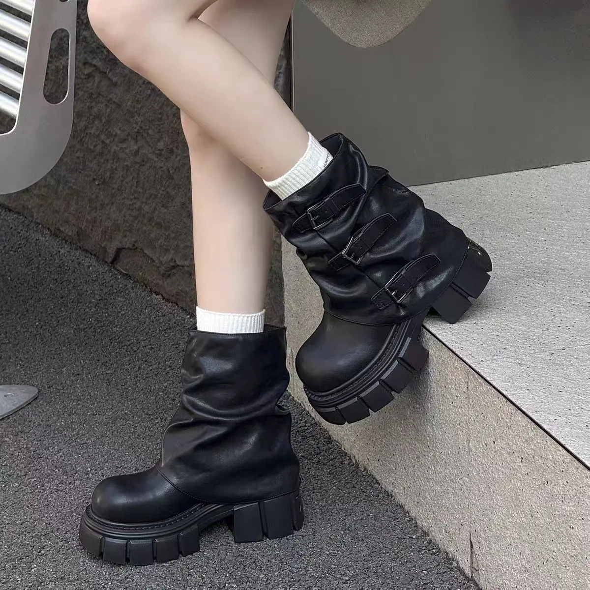 

Ultra-Light Faux Fur Chelsea ort Boots Women's Winter Warm round Toe High Heel Ultra-Thin Velvet Inner Heightening