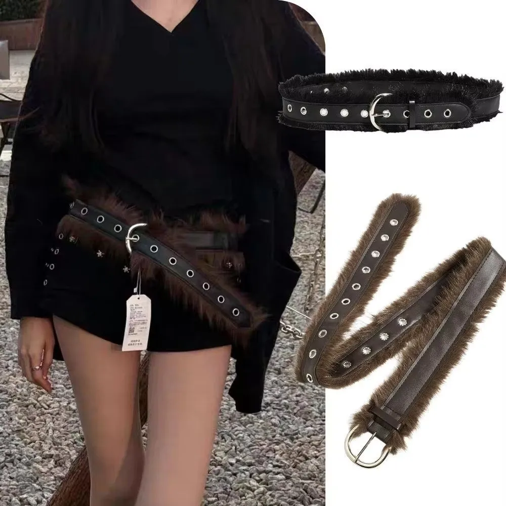 

Y2K Versatile Faux Fur Belt Retro Adjustable Pin Buckle Belt Punk Style Belt for Women