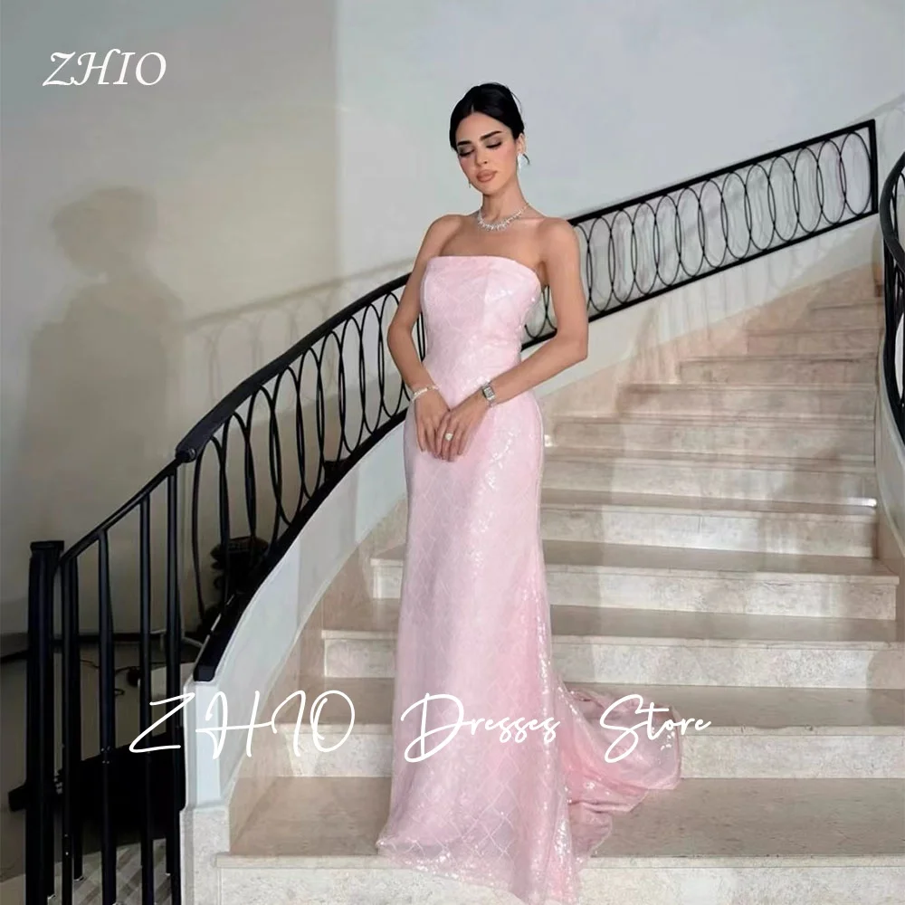 ZHIO-vestidos de noche de lentejuelas rosas exquisitos, sin tirantes, corte en A, tren de barrido, Arabia Saudí, vestido Formal para ocasión, vestido de fiesta personalizado