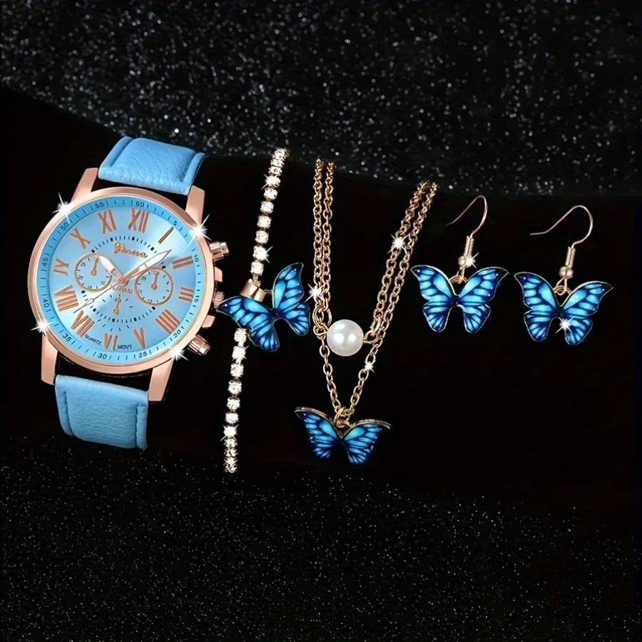Luxury women's quartz watch five piece set, fashionable diamond inlaid watch necklace earrings ring