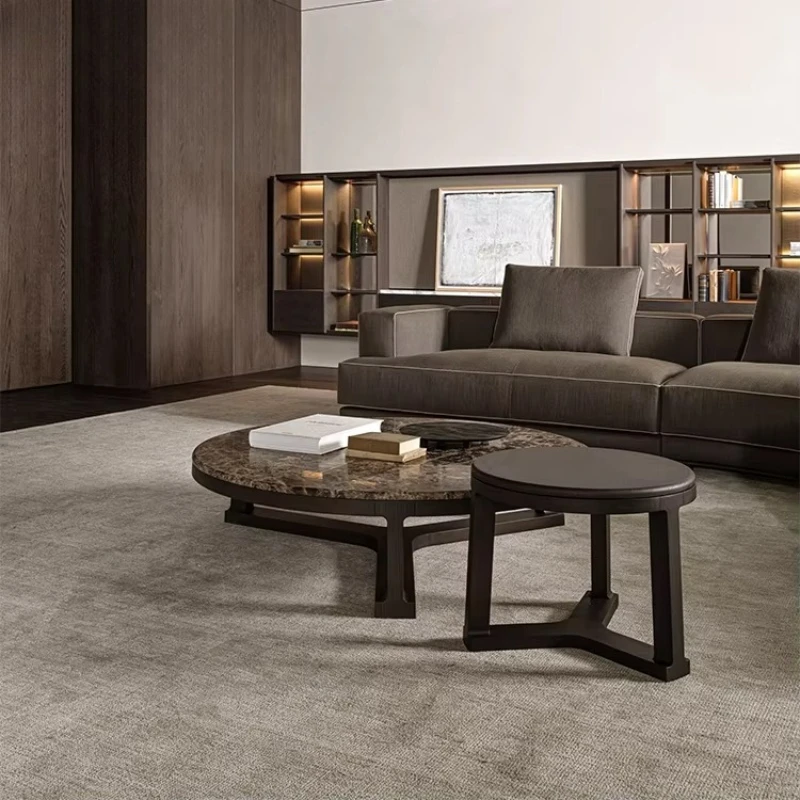 

Nordic style villa living room luxury marble coffee table set, hotel bedroom wooden round sofa side table furniture