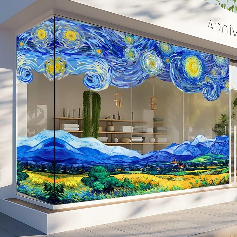 Creative Van Gogh Starry Night Sunflower Wheat Fields Wall Sticker Showcase Window Stickers Glass Door Electrostatic Sticker