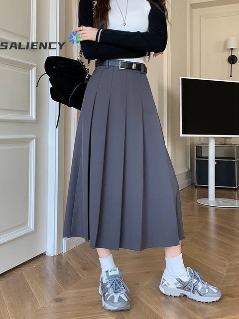 SALIENCY Wysoka talia Solidna plisowana szara spódnica do kolan Wiosna i lato Moda w stylu Preppy Plisowana spódnica w kształcie litery A Streetwear