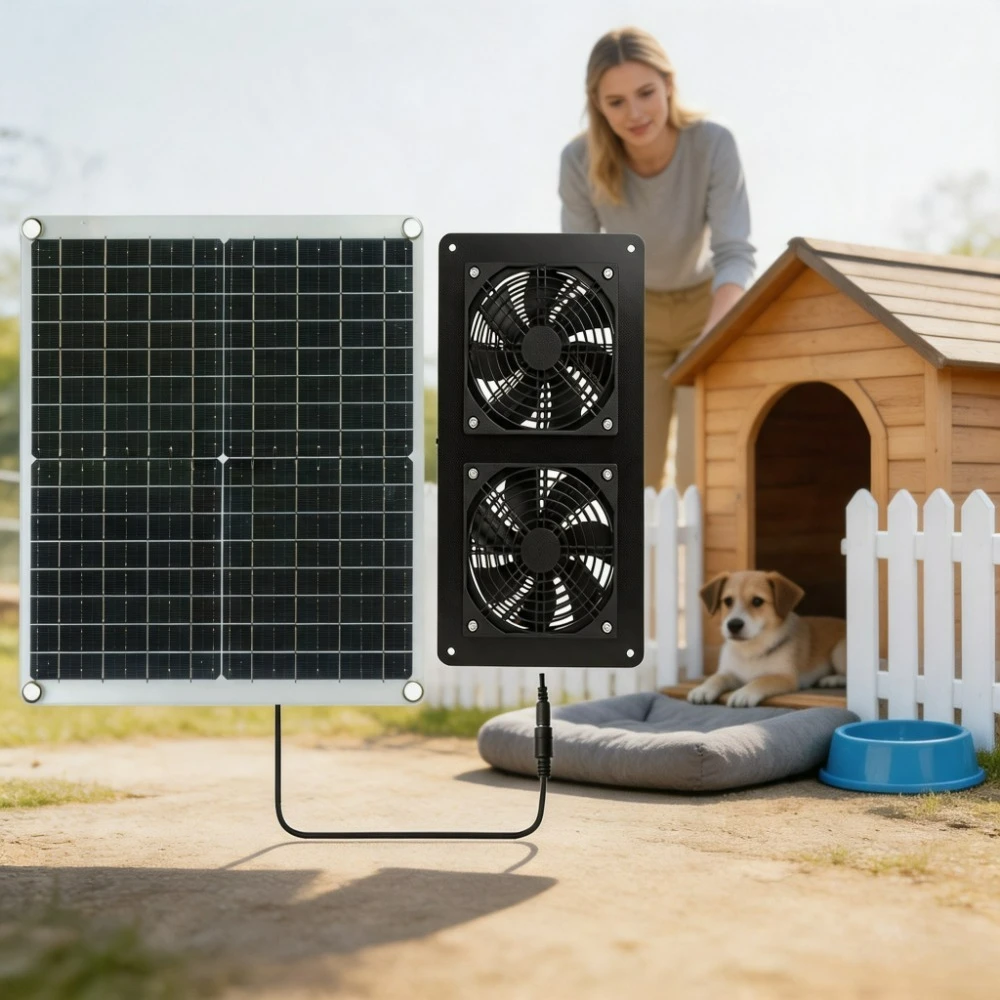 IP65 Rain and Sun Resistant Dual Exhaust Solar Cooling Fan 20W 30W Monocrystalline Panel RV Greenhouse Chicken Coop Pet House