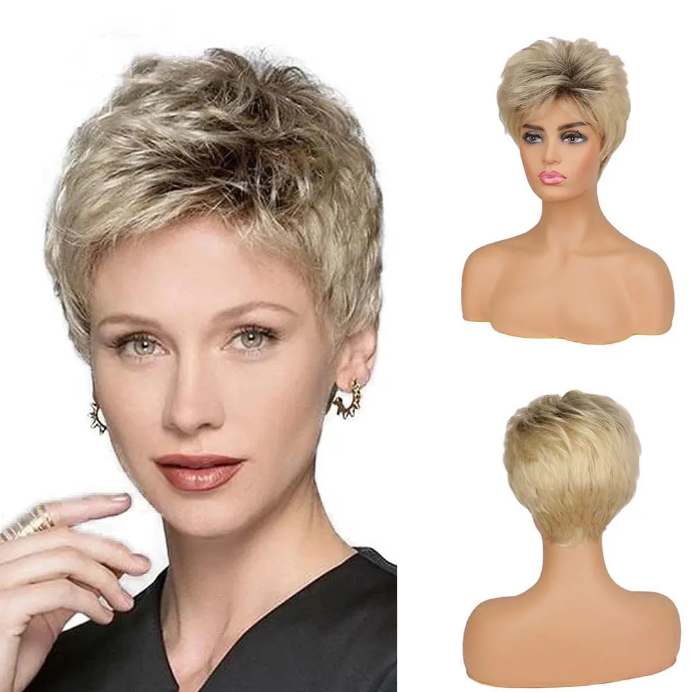 

Short Pixie Cut Synthetic Wigs for White Women Dark Root Gradient Blonde Wigs Hair Replacement Wigs for Women