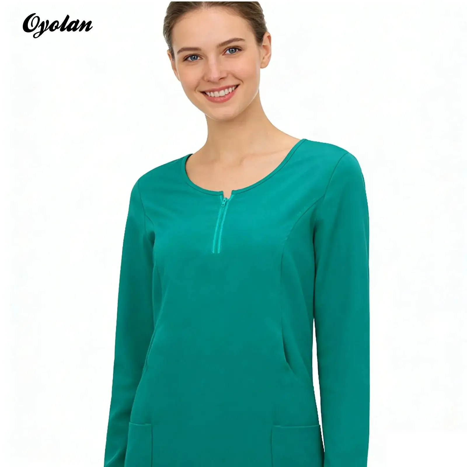 camisa-de-manga-longa-para-mulheres-com-ziper-no-pescoco-camiseta-com-multiplos-bolsos-uniforme-de-enfermagem