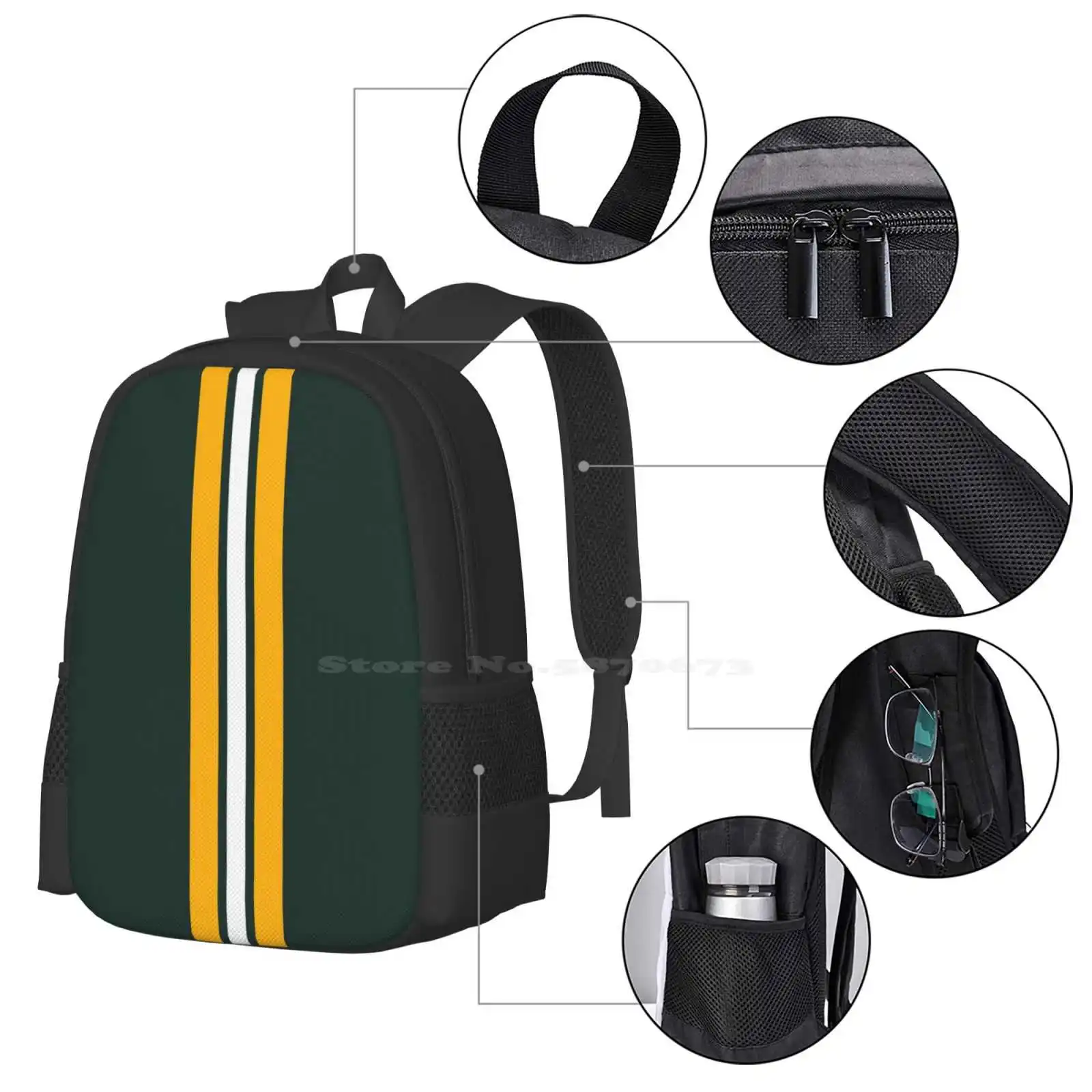 Mochila de faculdade para estudante universitário adolescente, Green Bay Futebol Padrão Design, Yellow Sports Team, Player Game, Mulheres