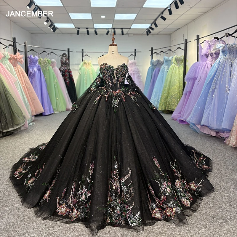 Black Beautiful Multi-color Printed Bow Quinceanera Dress Beading Detachable Sleeves Sweet 16 Vestidos De 15 Anos DY6804