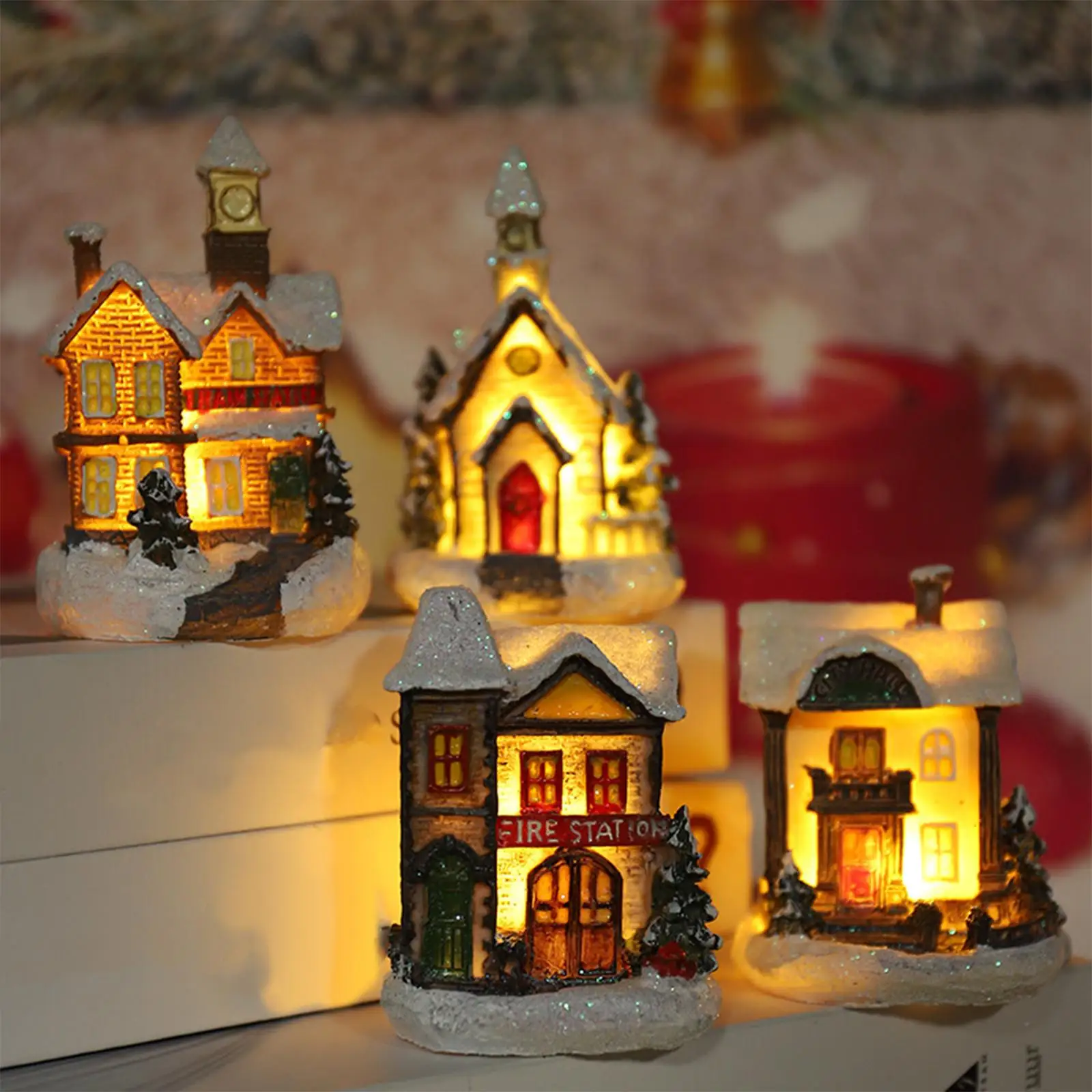 4pcs Retro Style Resin Mini Christmas Scene House LED illuminato ornamenti di neve in miniatura Festival decorazioni natalizie decorazioni natalizie