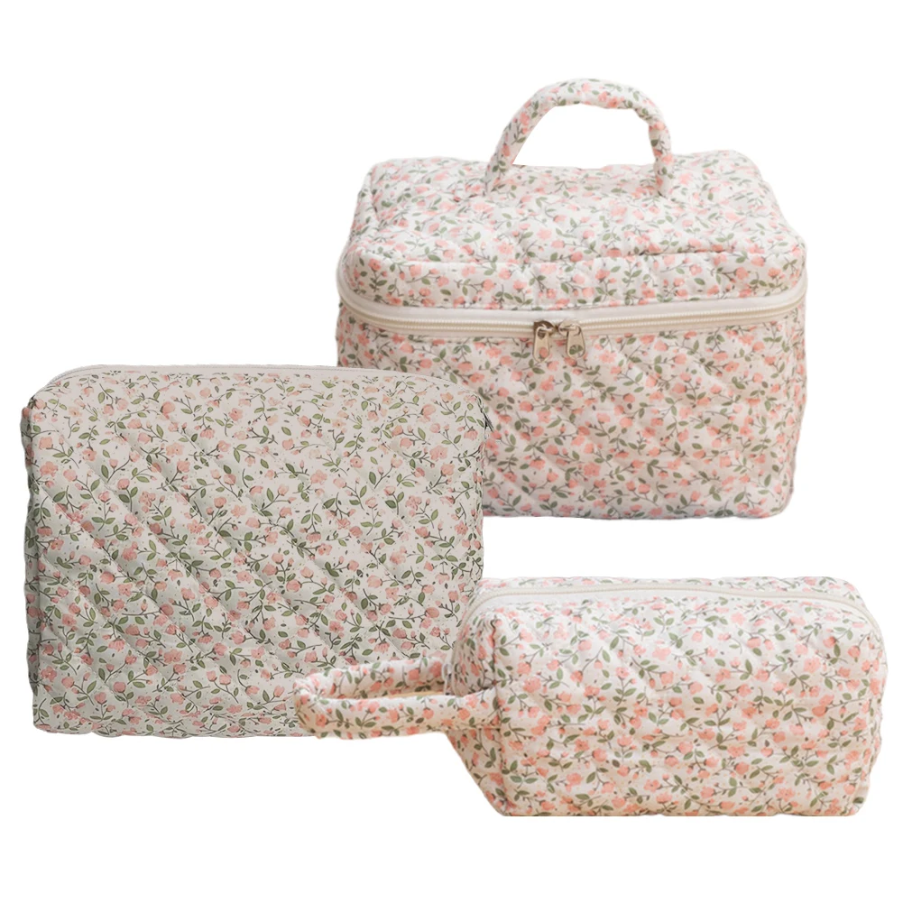 3개 꽃무늬 화장품 가방, 코튼 퀼팅 메이크업 정리 수납 가방, 여성 및 소녀용 지퍼가 달린 대용량 스킨케어 가방