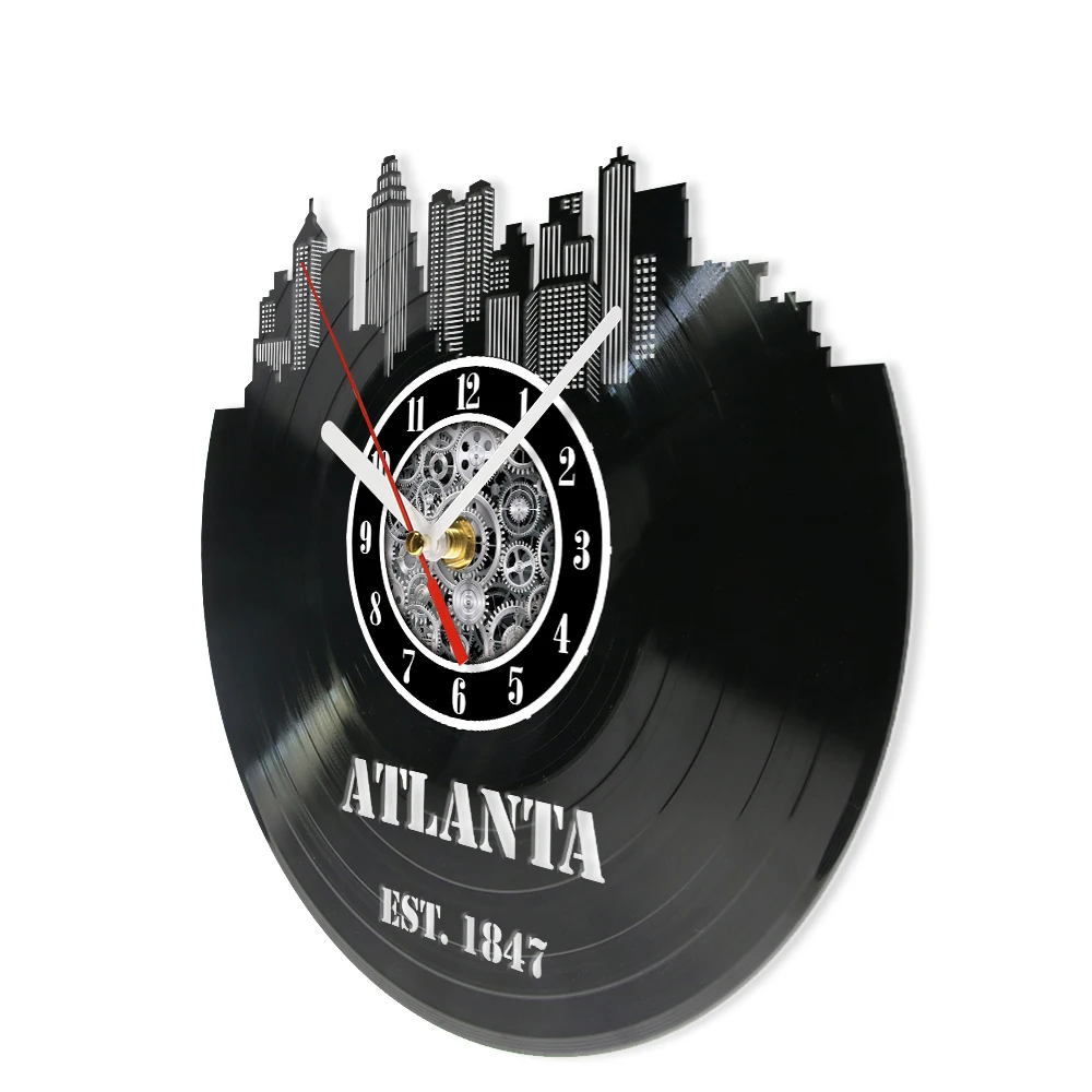 Atlanta Skyline Vinyl Record Wall Clock Living Room Office Home Decor US Cityscape Minimalist Art Carved Music Album Wall Clock