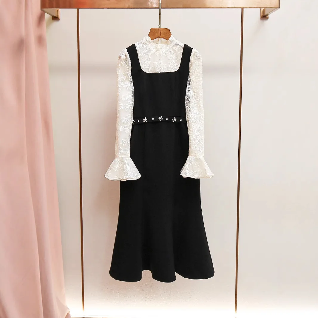 Spring New Style Hebe Style Diamond Embellished Lace Splice Fish Tail Dress High Waist A-Line Skirt Long Sleeve Commute Style
