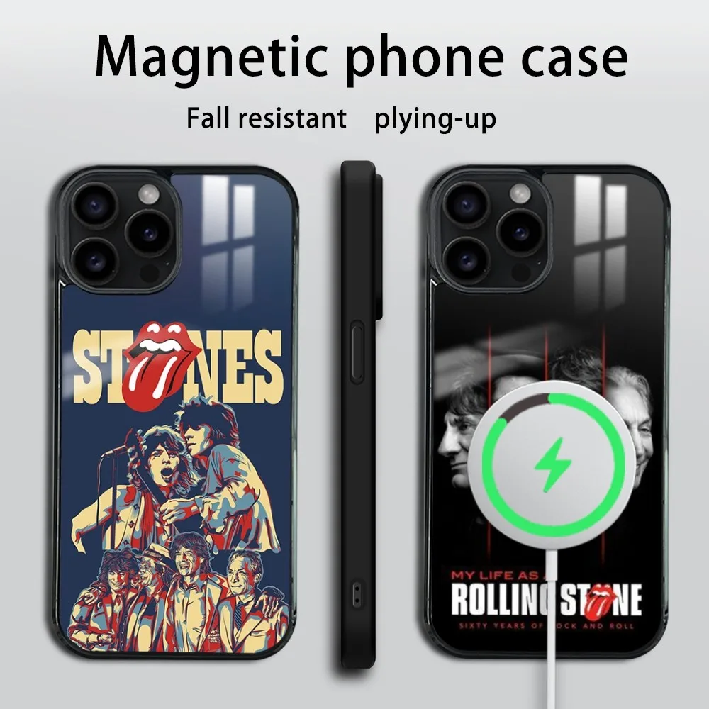 Band R-RollingS S-Stones Phone Case For iPhone 16 15 14 13 12 11 Pro Max Plus Mini Mirror Wireless magnetic case