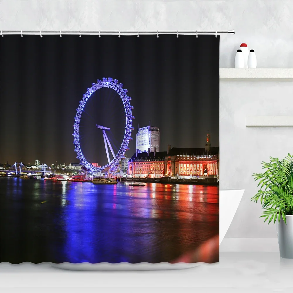 Night View Shower Curtains Ferris Wheel City Scenery Waterproof Fabric Bathtub Screen Home Decor Bathroom Curtain