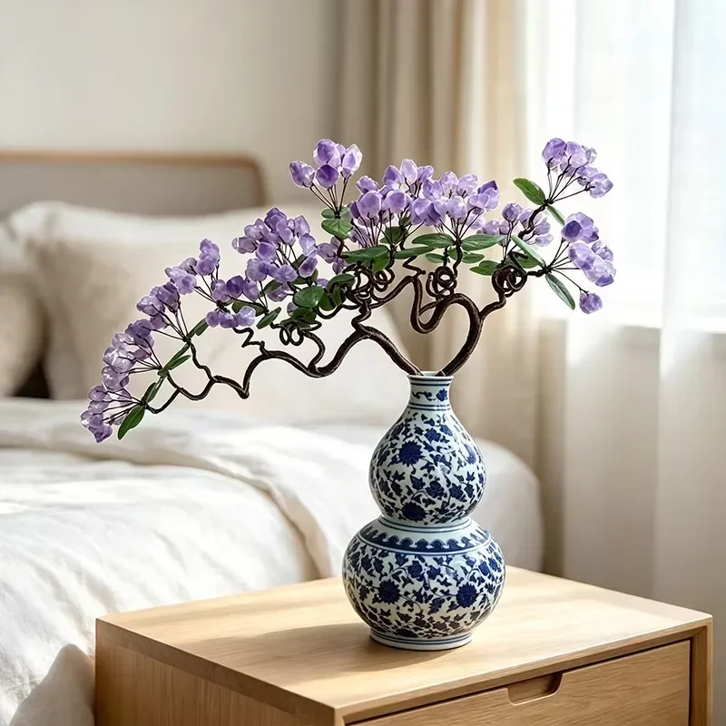 Handmade Amethyst Flower Bonsai in Ceramic Gourd Vase Home Decor for Living Room Entrance Ornament Unique Crystal Tree Gift