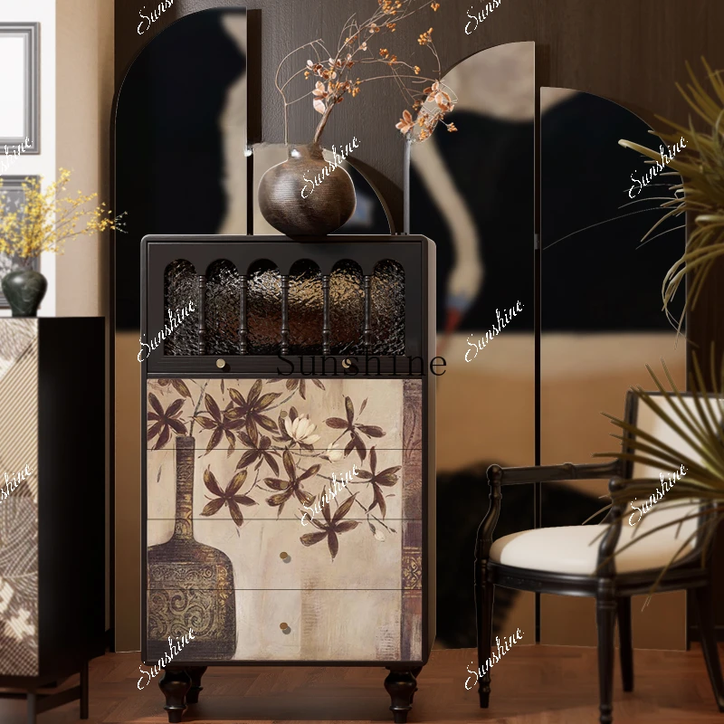 French retro style lacquer art painted decorative storage simple piano cabinet  FT
