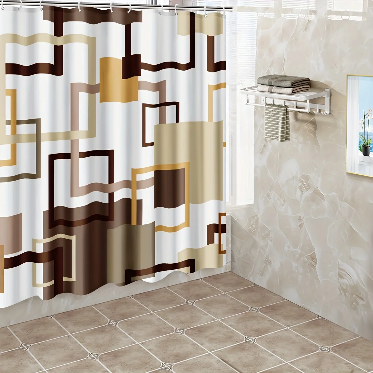 1pcs Simple Style Shower Curtain, Extra Large Brown Box Print Durable Shower Curtain, Bathroom Divider Curtain, Machine Washable