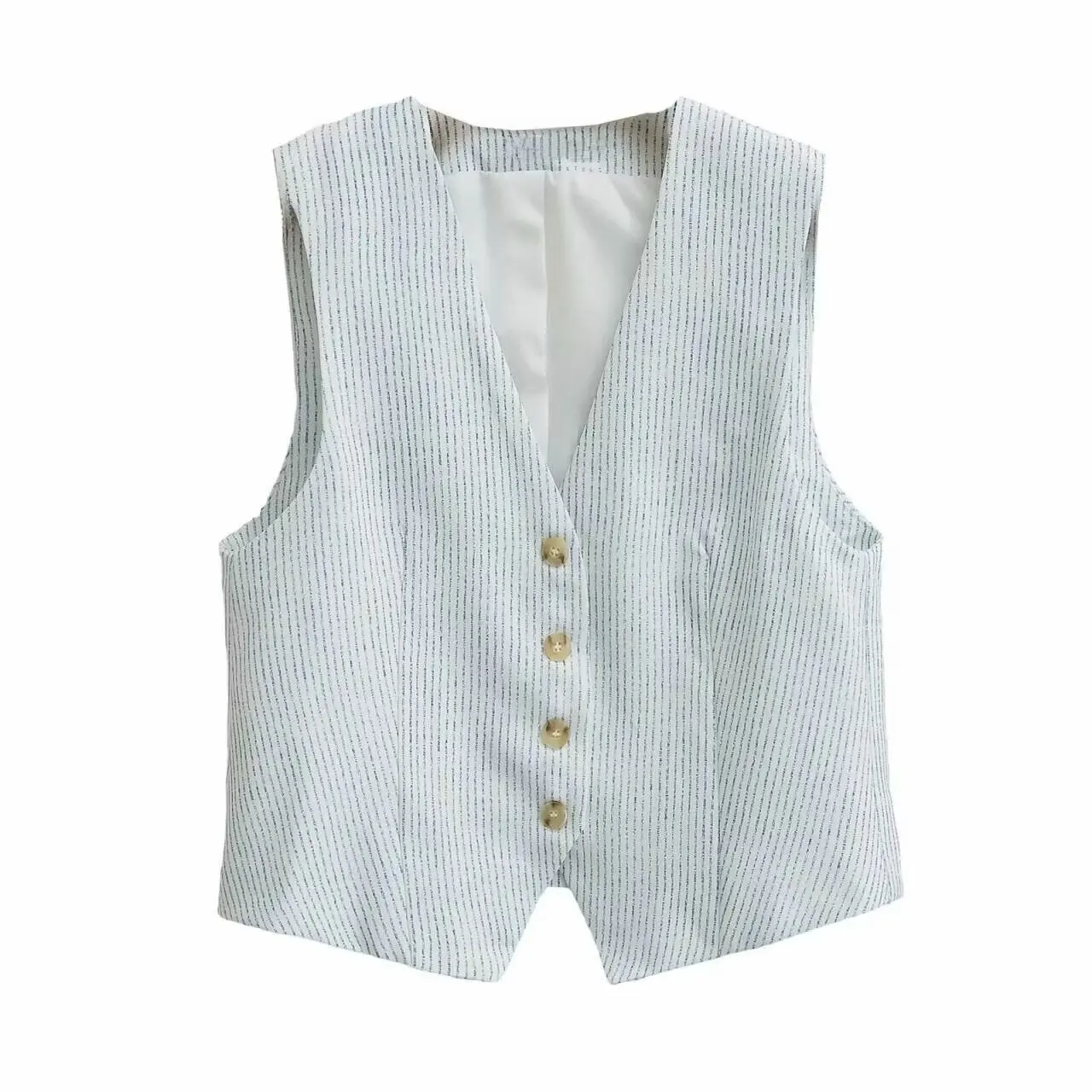 

ZBZA Summer New Women's Faion Design Stripe Casual Sle Svel Vest Versatile Match V-ne Single Button Polyester Fiber