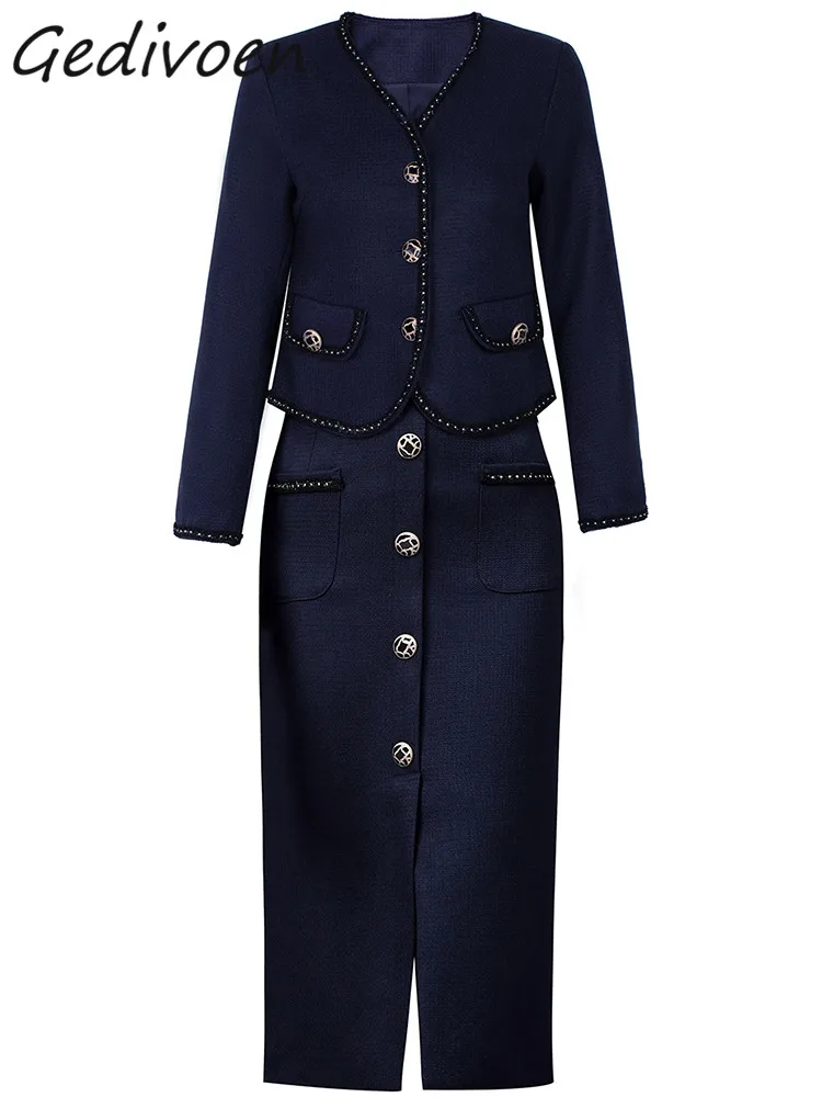 Gedivoen Autumn Fashion Designer Navy Blue Vintage Skirt Set  Women Button Pockets Slim Coat+Package Buttocks Skirt 2 Pieces Set