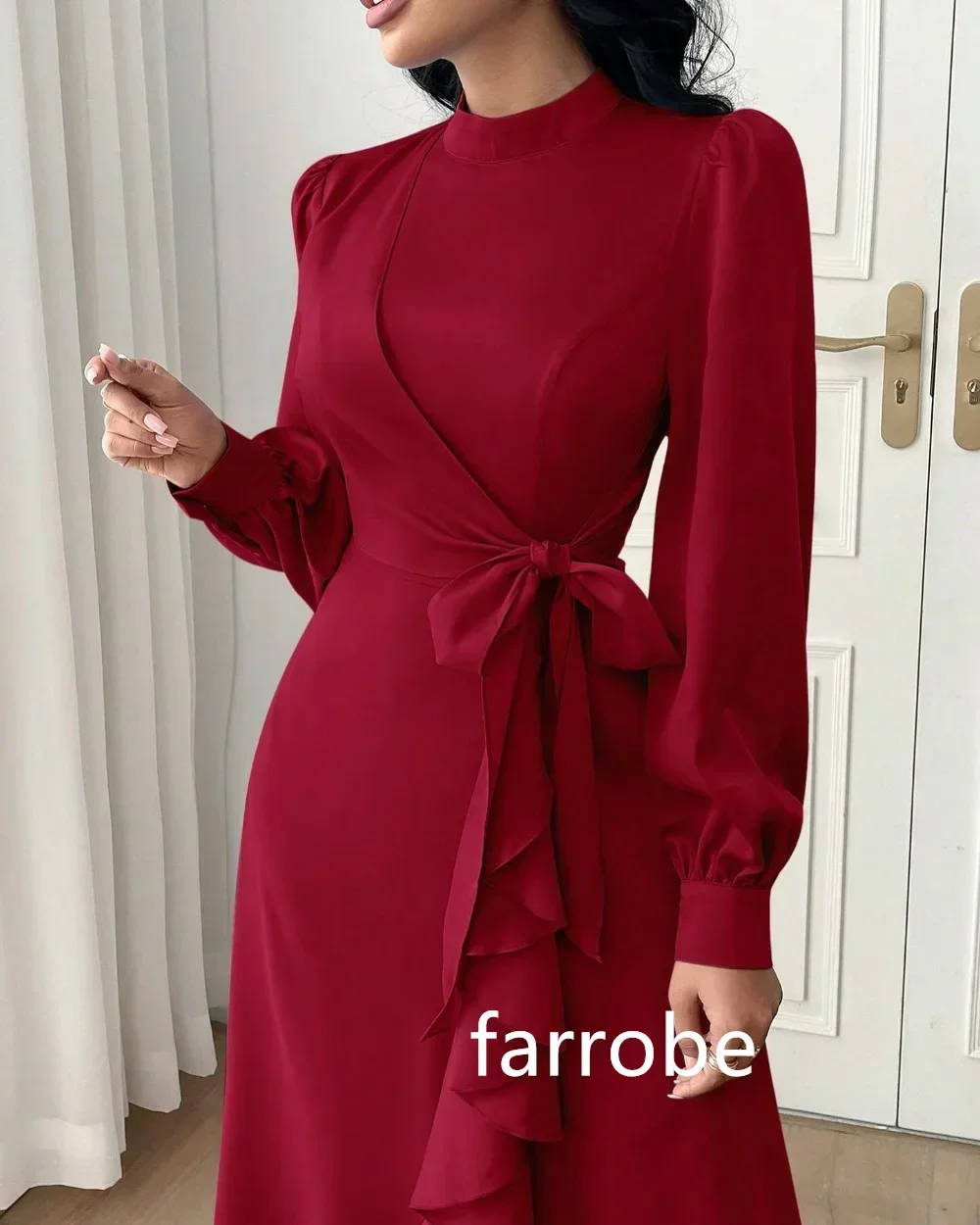 Customized Unisex Jersey Pleat A-line High Collar Midi Dresses Homecoming Dresses Chinese Style Formal Casual Simple Retro Fashi