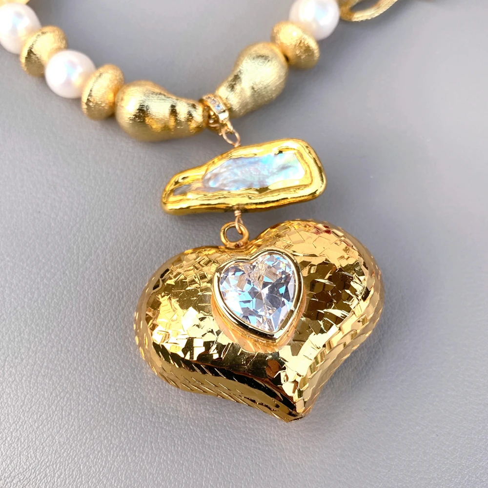 yygem different shape Matte Finish beads natural freshwater pearl cz pave heart shape gold plated pendant
