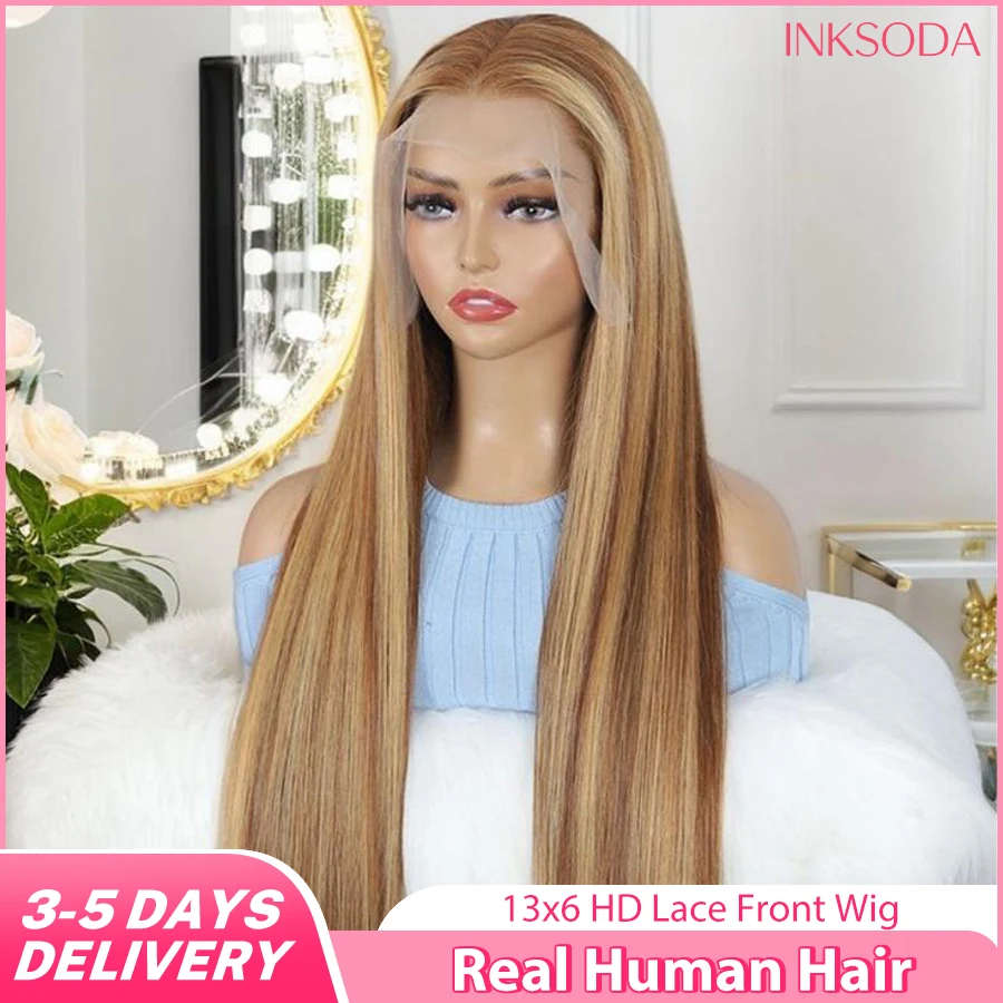 

HD 13x6 Highlight Wig Человеческие волосы Бесклеевой Медовый Блондин Bone Silk Прямой 13x4 Парик Фронта Шнурка Коричневый Парик Фронта Шнурка