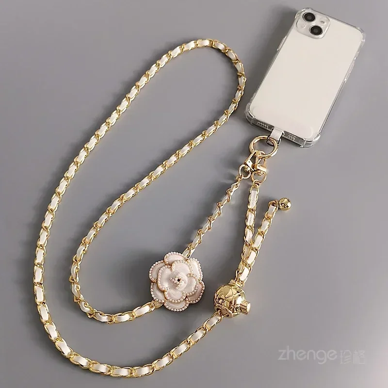 Mobile Phone Lanyard Long Crossbody Hanging Rope Long Neck Hanging Bag Chain Round Ball Telescopic Buckle Camellia Pickup Chain