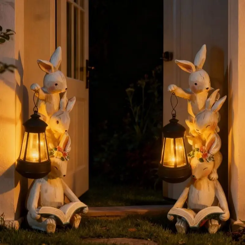 Outdoor indoor new Chinese-style courtyard pastoral garden decoration big rabbit family reading solar light ornament