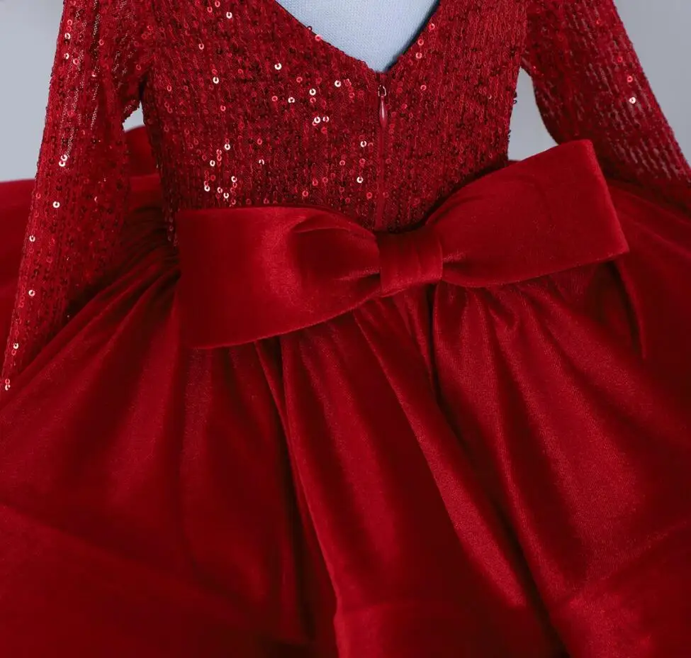 Vestido de tule vermelho do bebê, Mangas compridas, Top lantejoulas, Vestido de aniversário da princesa, Vestido de festa, Fofo