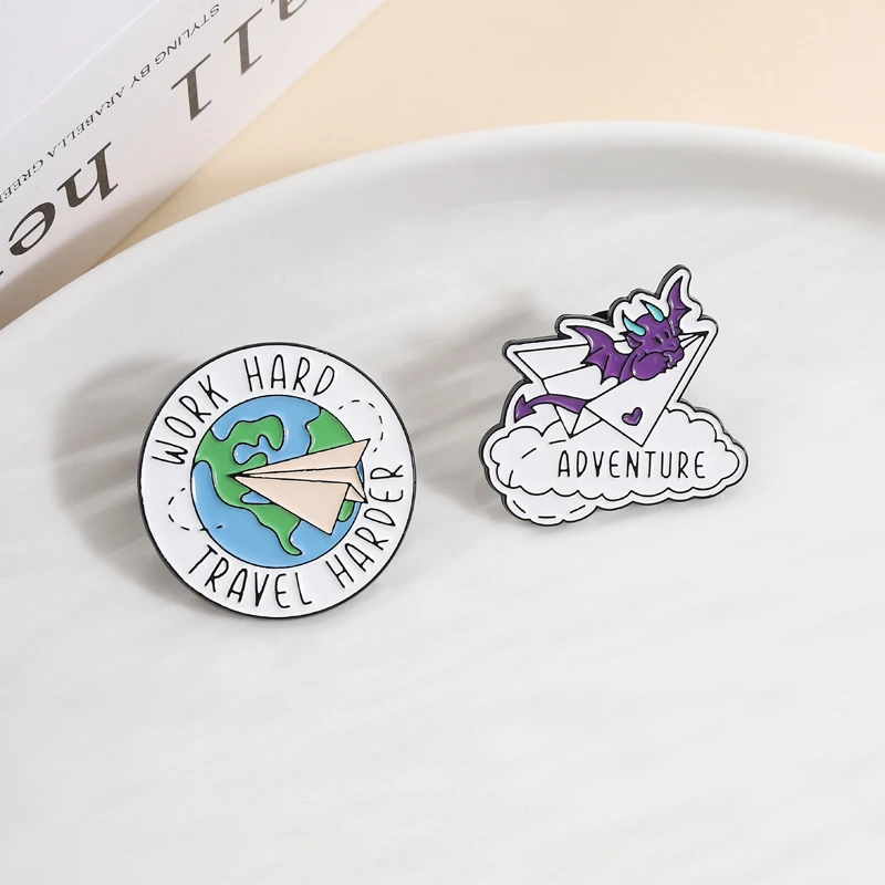 Adventure Bat Dragon Paper Airplane Enamel Pins Work Hard Travel Harder Earth Paper Airplane Brooch Lapel Badge Gift for Friends