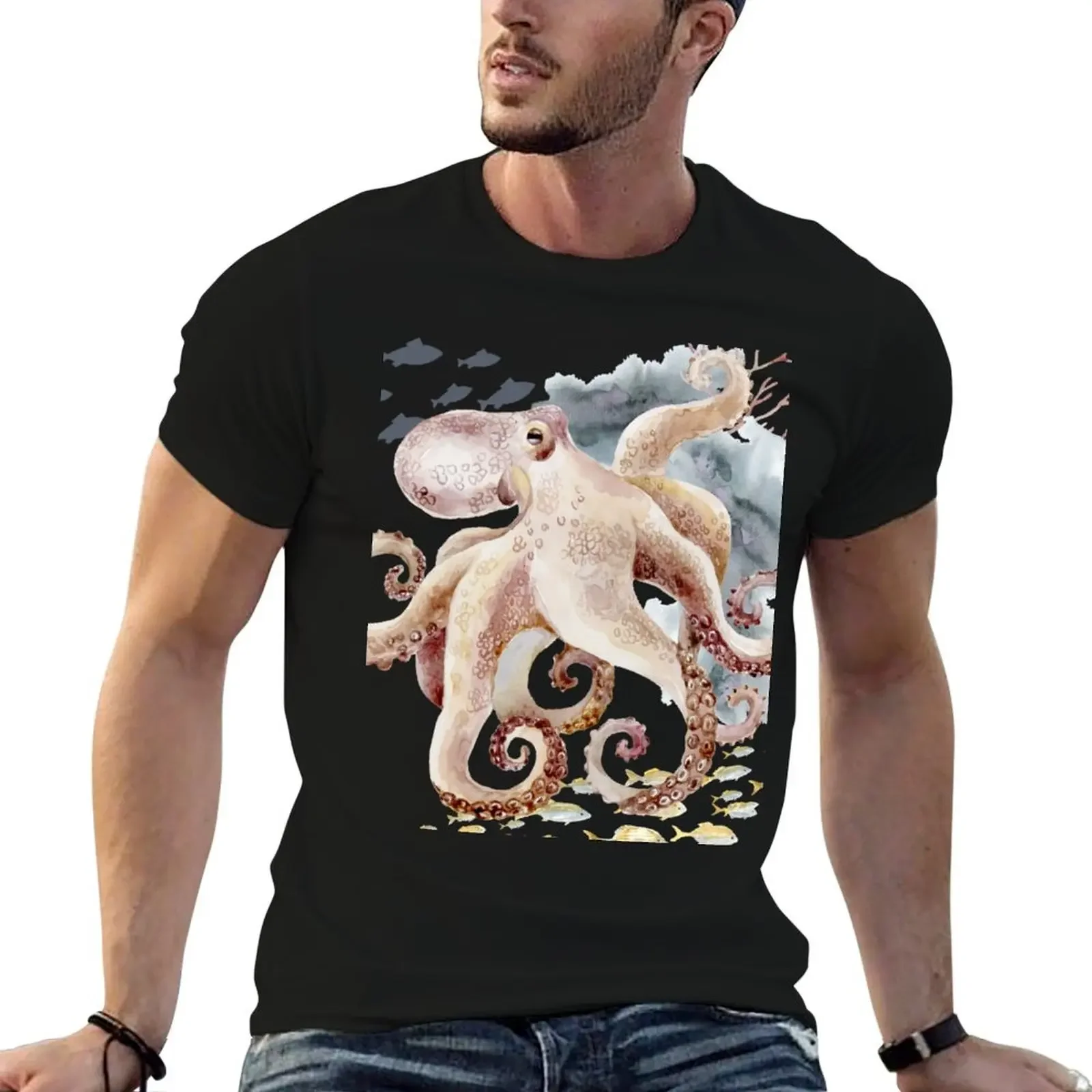

Octopus With Beige Tan and Grey T-Shirt vintage anime shirt Funny t-shirts slim fit t shirts for men