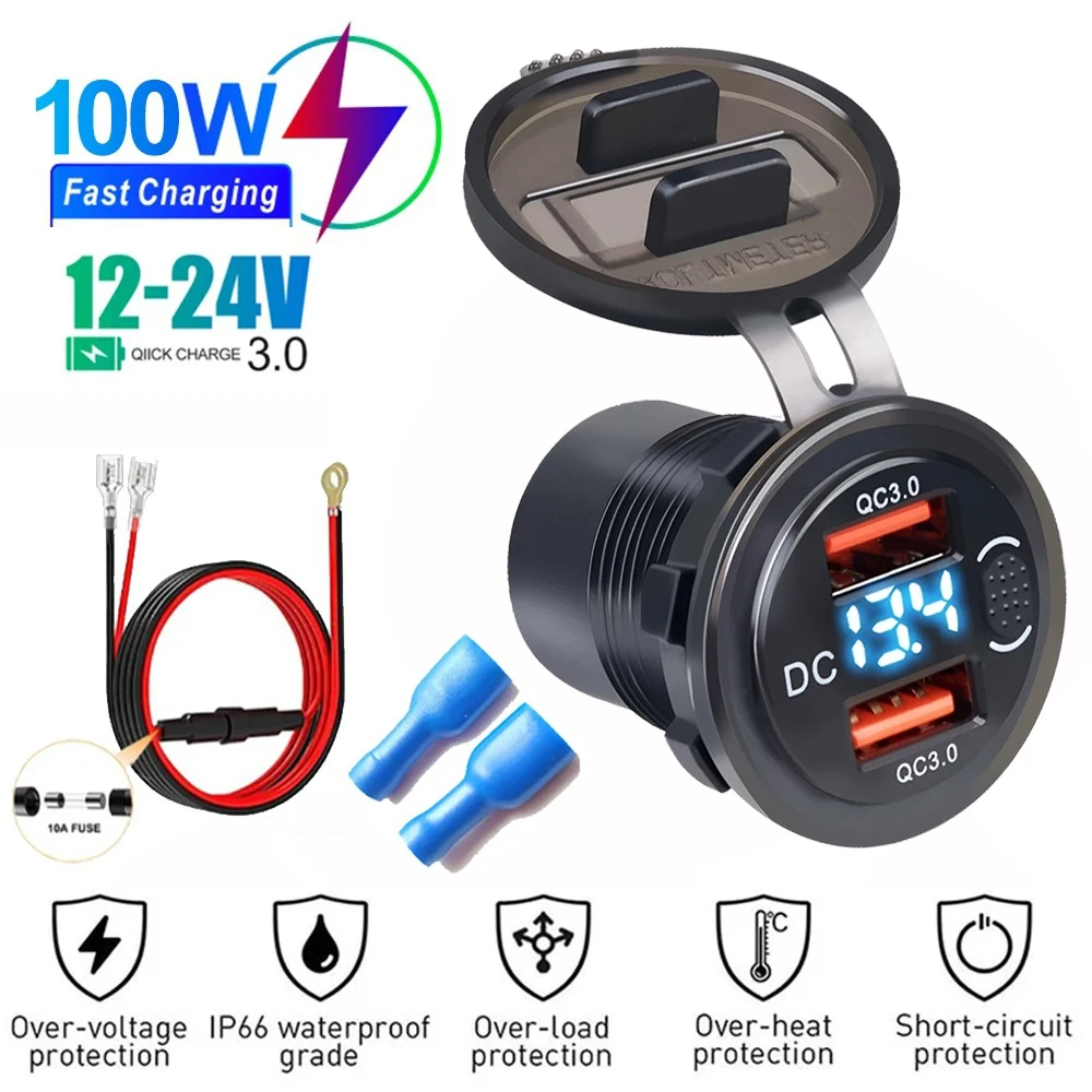 12V 24V USB Car Adapter, Fast Car Charger Quick Charger, Dual Port USB Charger Socket USB-C PD & Dual QC 3.0 for Car Motorcycle