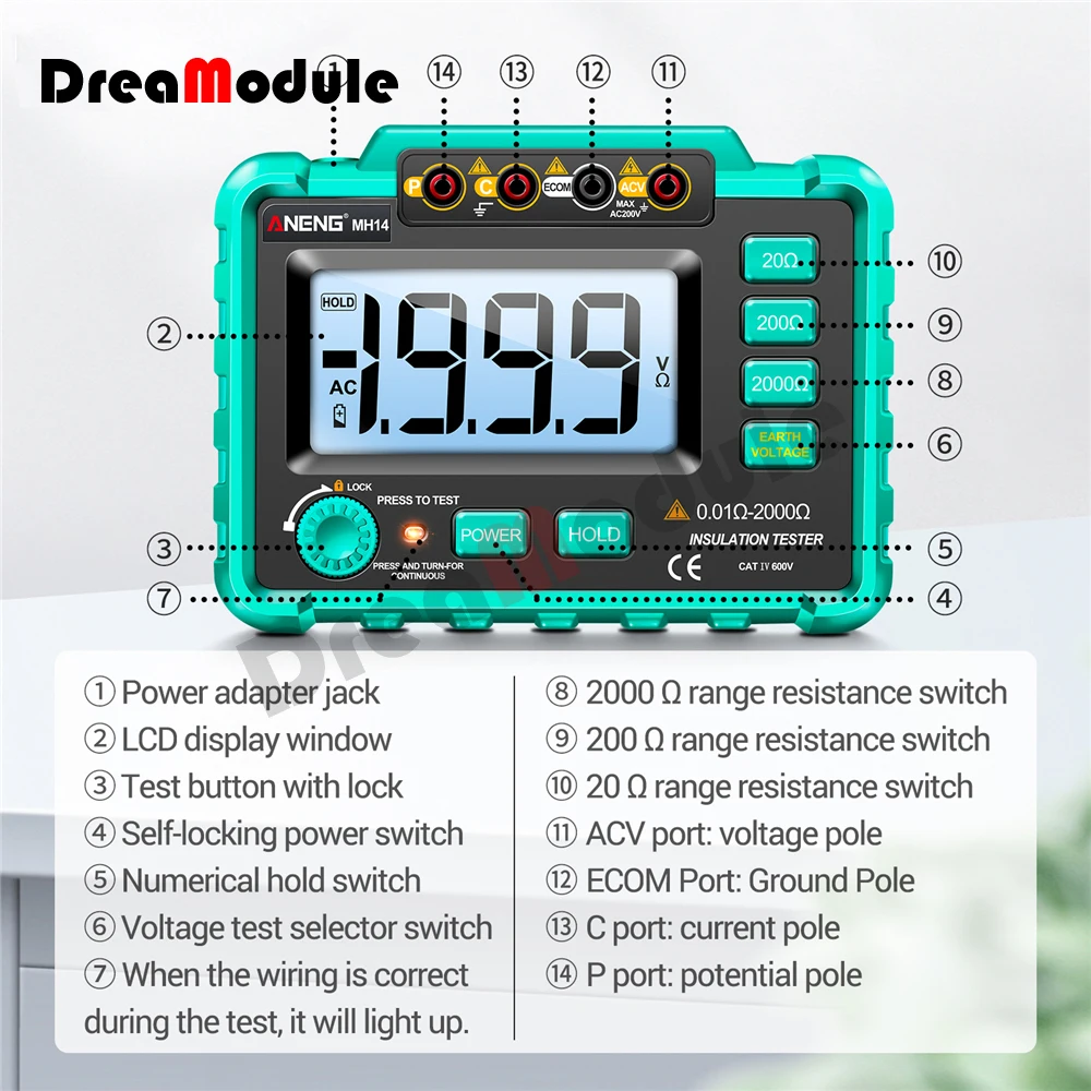 ANENG Green Color MH14 Ground Resistance Megohm 1999Conuts Meter Testers Megohmmeter Voltmeter Ohm Detector without Battery Tool