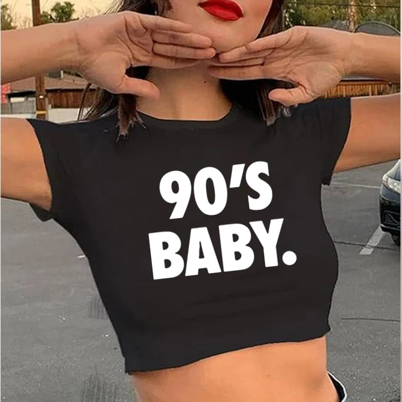 90’s Baby Women’s Crop Top, Fashion Sexy Tops T-Shirt, Y 2k Summer Women Short Sleeve O-Neck Casual Streetwear Navel T-Shirts