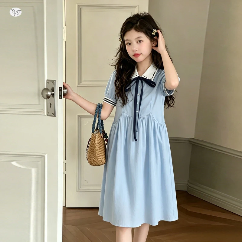 

Girls2026New summer style bowknot college-style dress for older children, with a turn-down collar and bowknot cotton fabric, tre