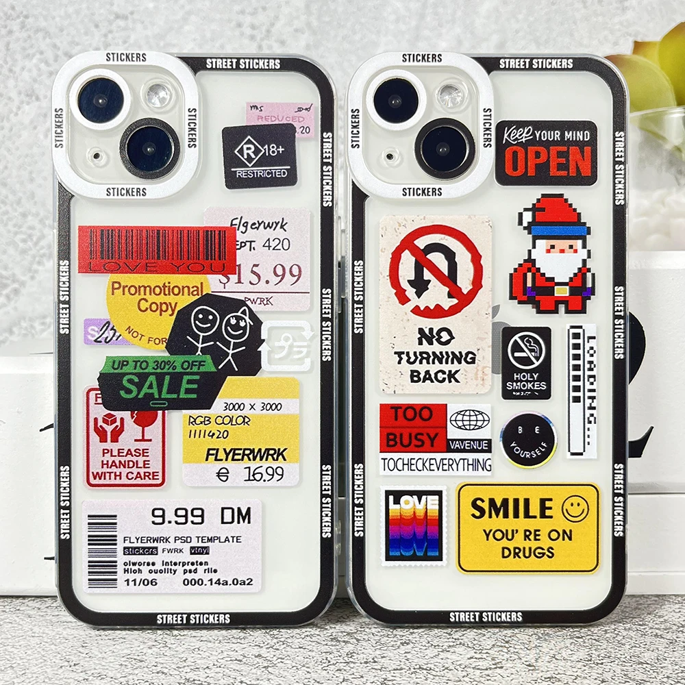 

Fashion Stickers Phone Case For iPhone 14 13 12 11 Pro Max Mini XS X XR SE 7 8 Plus Soft Cover