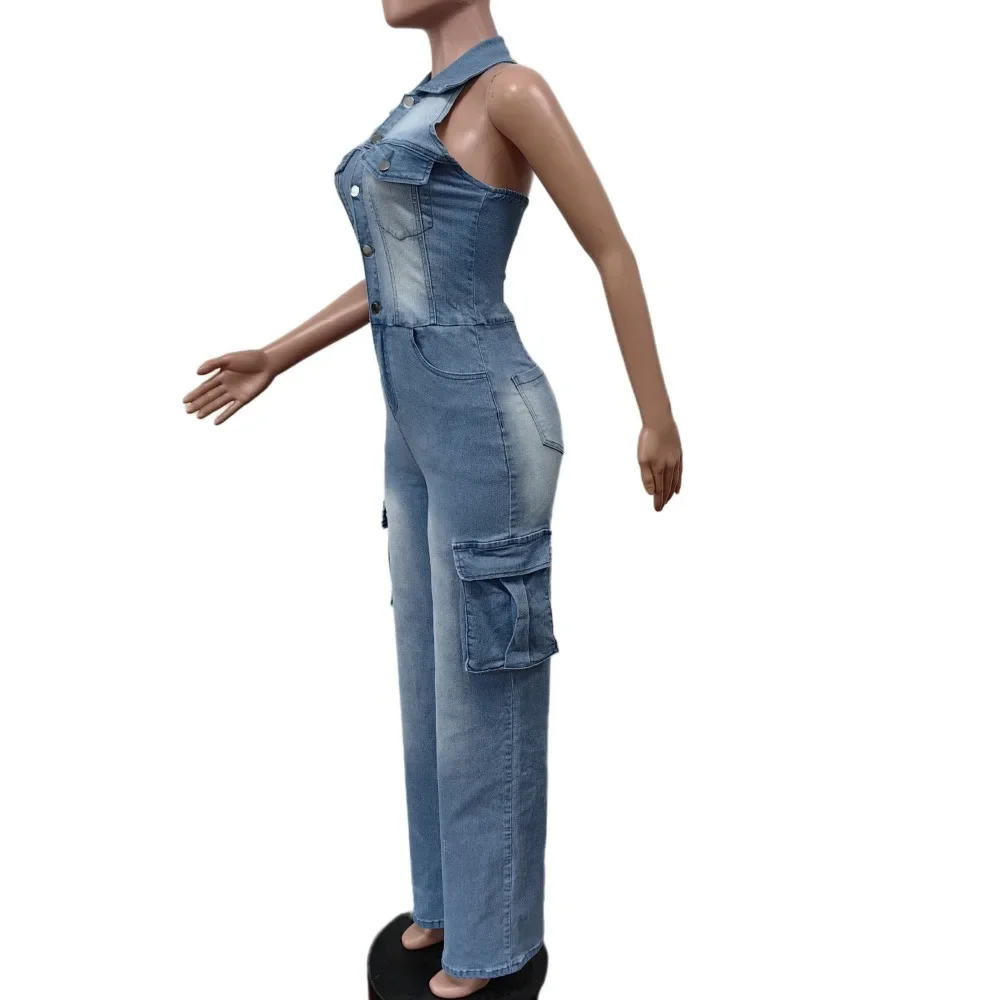 FAGADOER Blue Denim Fashion Straight Pants One Piece Jumpsuits Women Washed Jean Halter Pocket Playsuits Female Cowboy Overalls