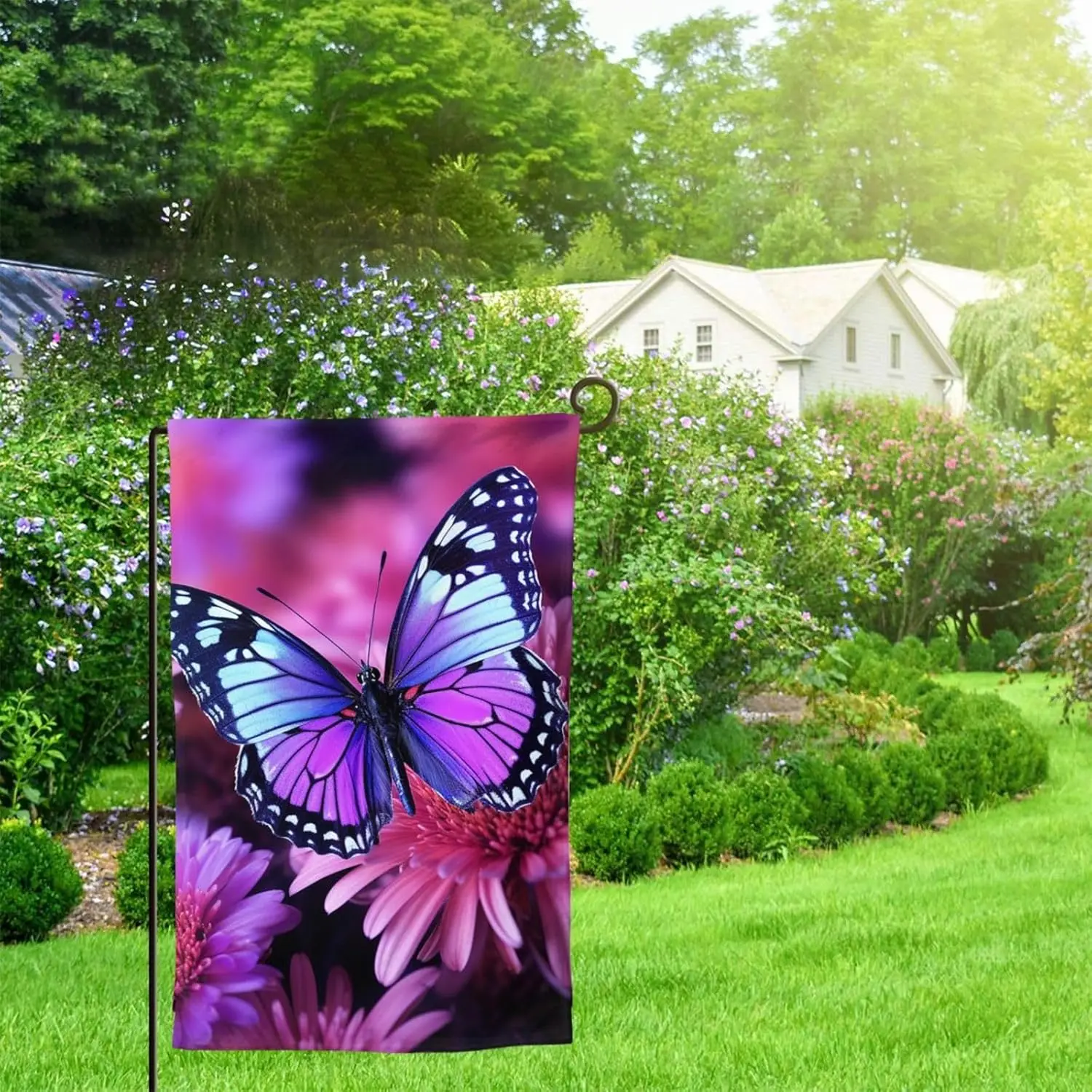 Purple butterfly and flower Flag Double Sided Printing Garden Flag 12 x 18 Inch Welcome Flags for Outside Yard Flag Outdoor Bann