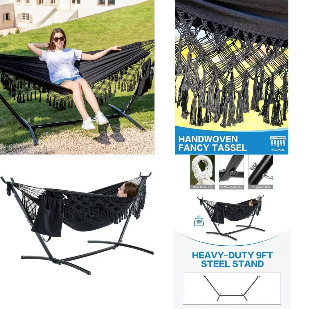 

Гамак с двойной кисточкой и подставкой, для улицы/в помещении, 450 фунтов, подушка и сумка (черный)