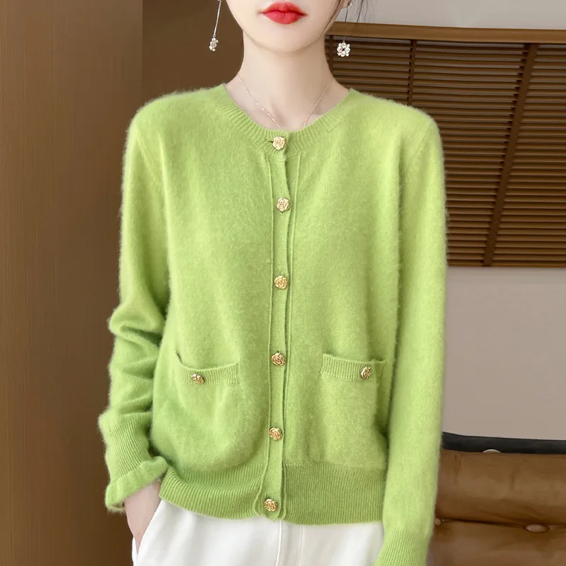 2024 Spring and Autumn New Wool with Pocket Rose Cardigan Low round Neck Elegant Women's Coat