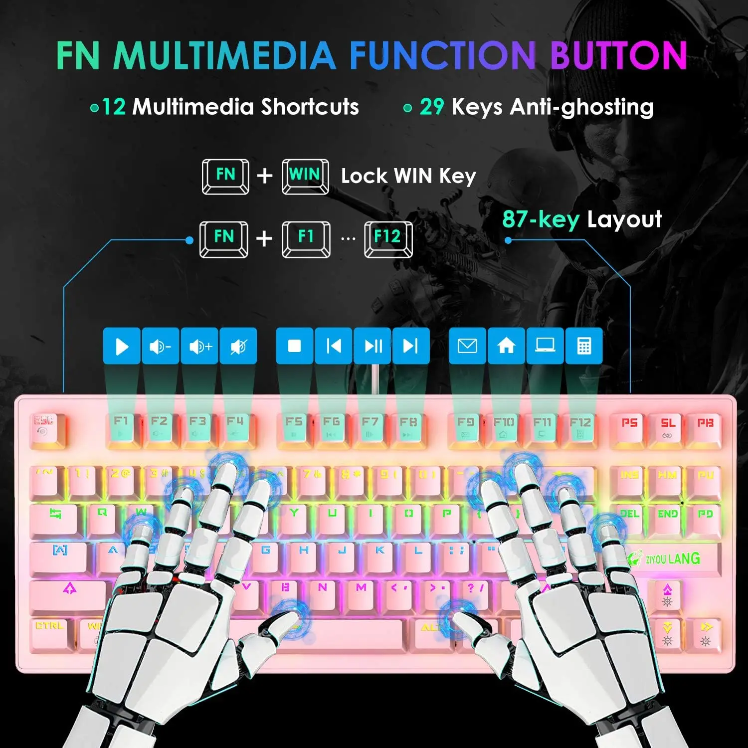 MAMBASNAKE x ZIYOU LANG Wired K2 Rosa blu Switch set tastiera e mouse da gioco set tastiera e mouse da gioco Mini 87 tasti
