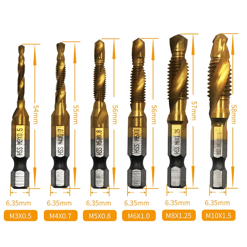 6 Stück Schnellarbeitsstahl M3-M10 Titanbeschichteter Verbundgewindebohrer Sechskantbohrer und Gewindebohrer Integrierte Gewindebohrermaschine mit Lochfasenwerkzeug